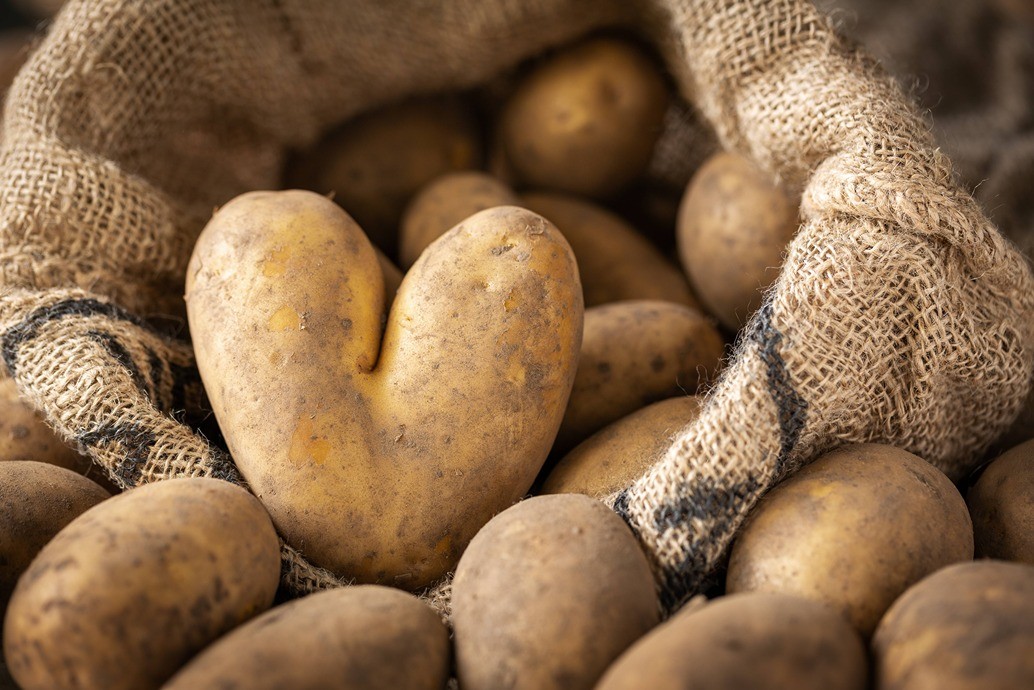 A bag full of potatoes with one in the shape of a heart.